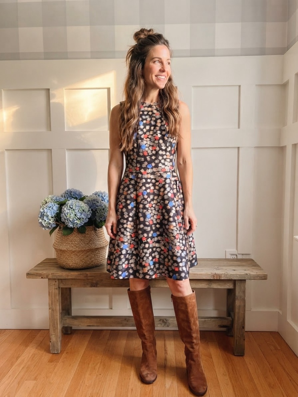Hugo Boss Black Sleeveless Midi Dress with Multicolor Floral Spots